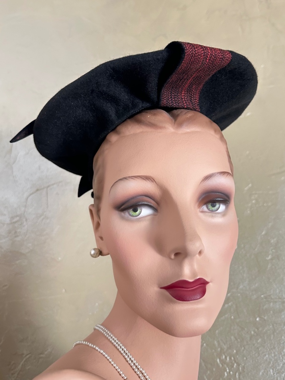 FABULOUS 1940S' BLACK TILT hat + RED TOPSTITCHING & BACK BOW